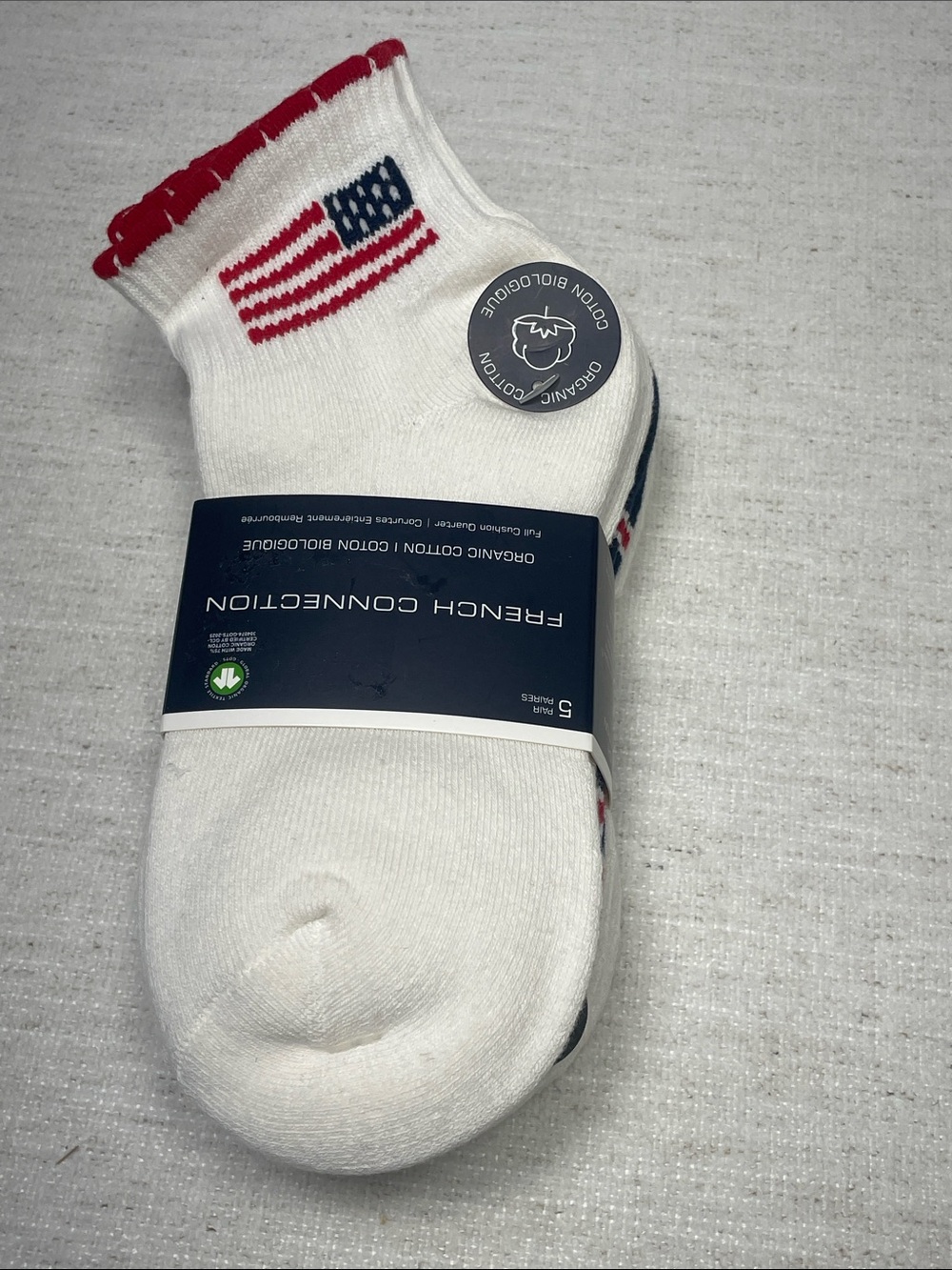 French Connection White Crew Socks with Red and Blue Flag Accent 5 Pair